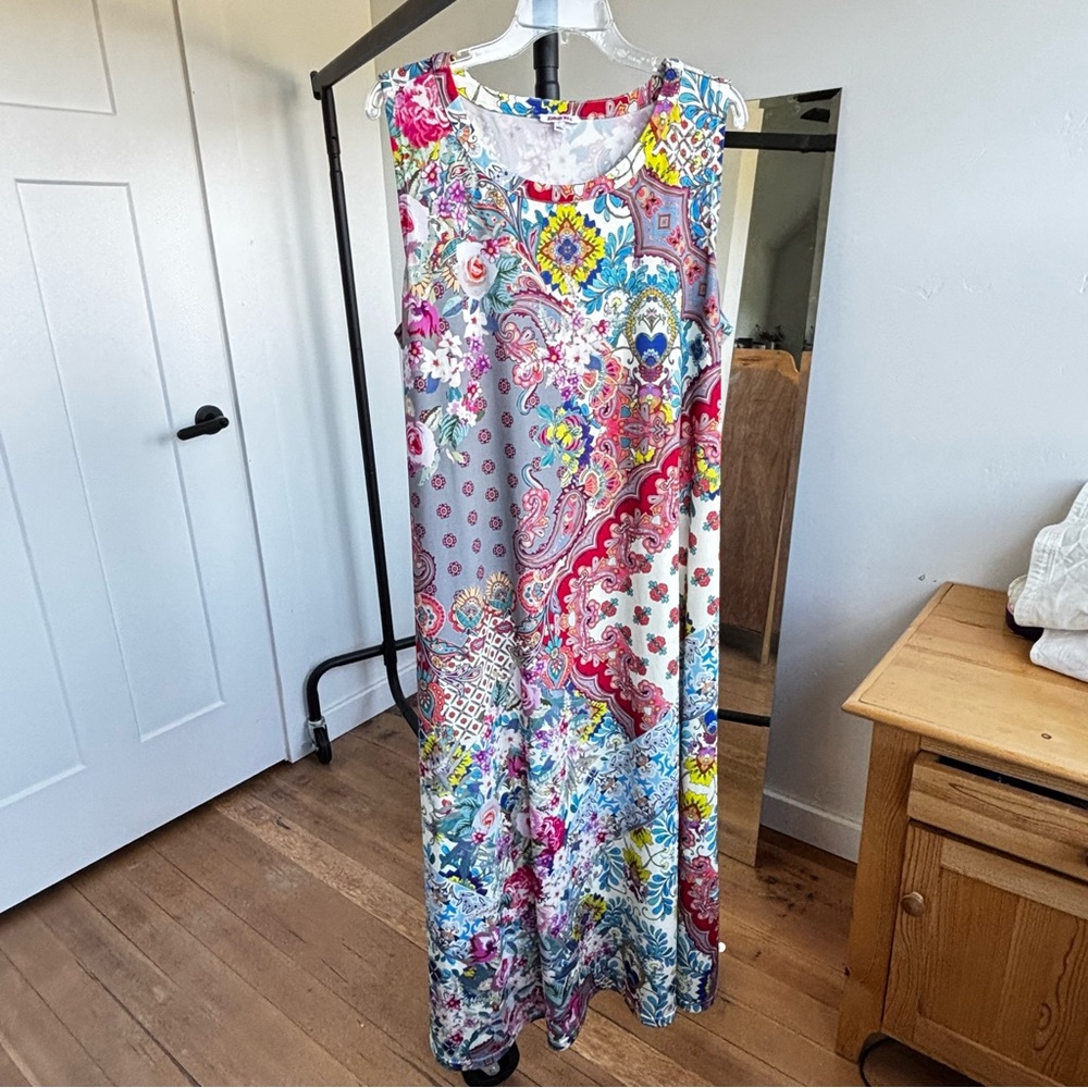 Johnny Was Colorful Floral Paisley Patchwork Boho Sleeveless Stretch Dress Sz XL